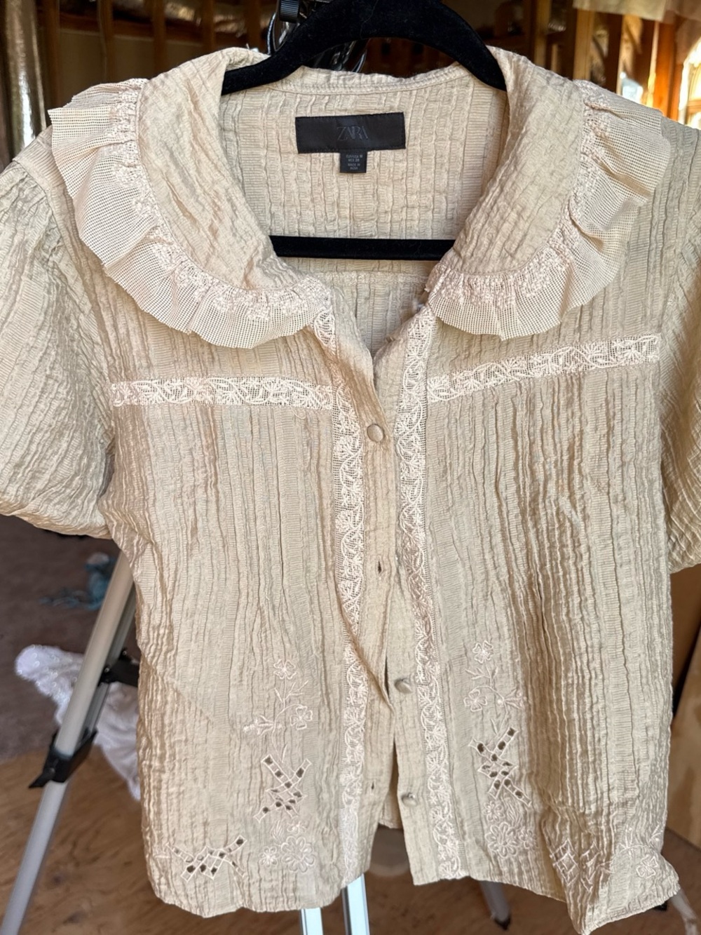 Zara Beige Ruffled Collar Short Sleeve Blouse
